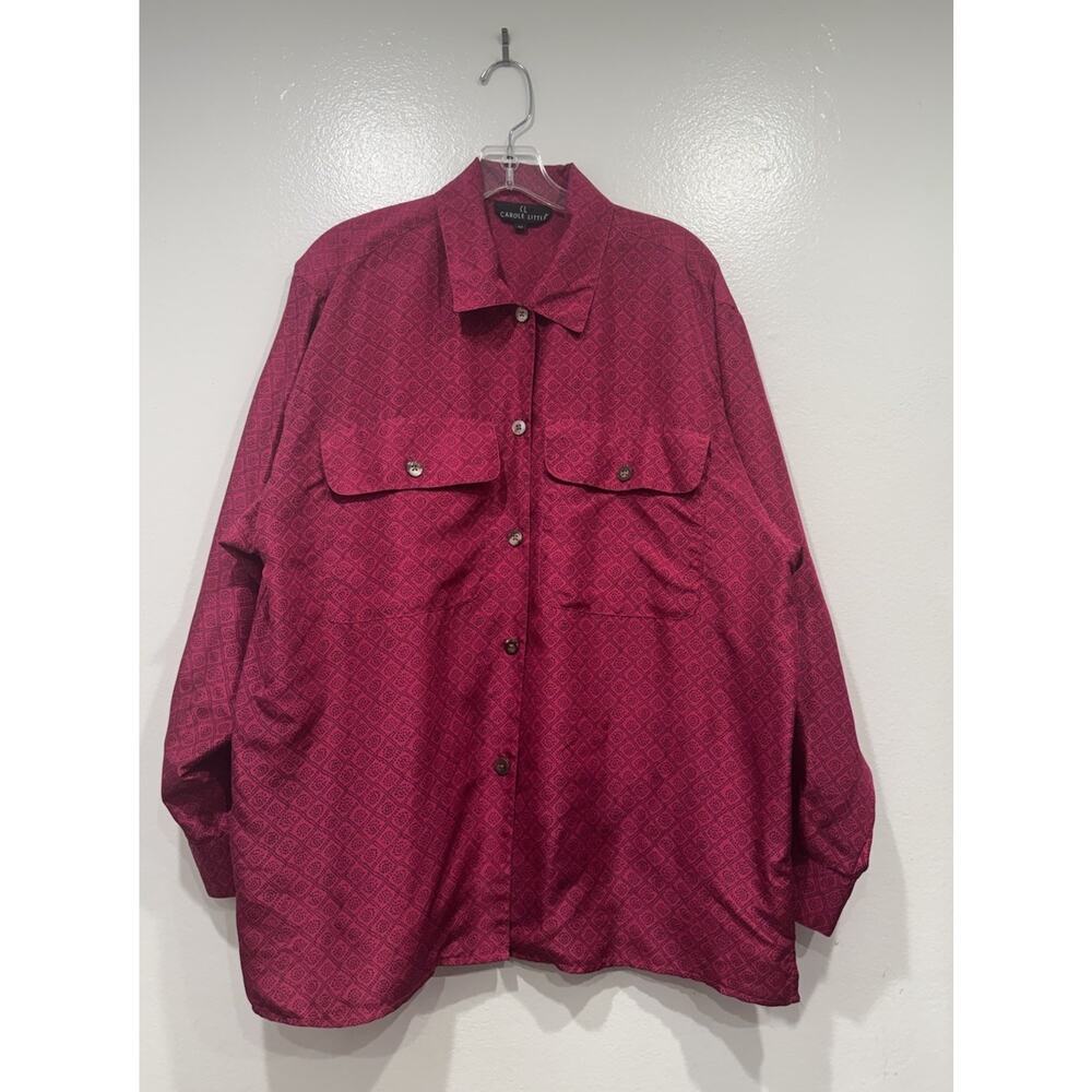 Carole Little Women’s Size 12 Silk Pink Black Print Blouse Button Front READ